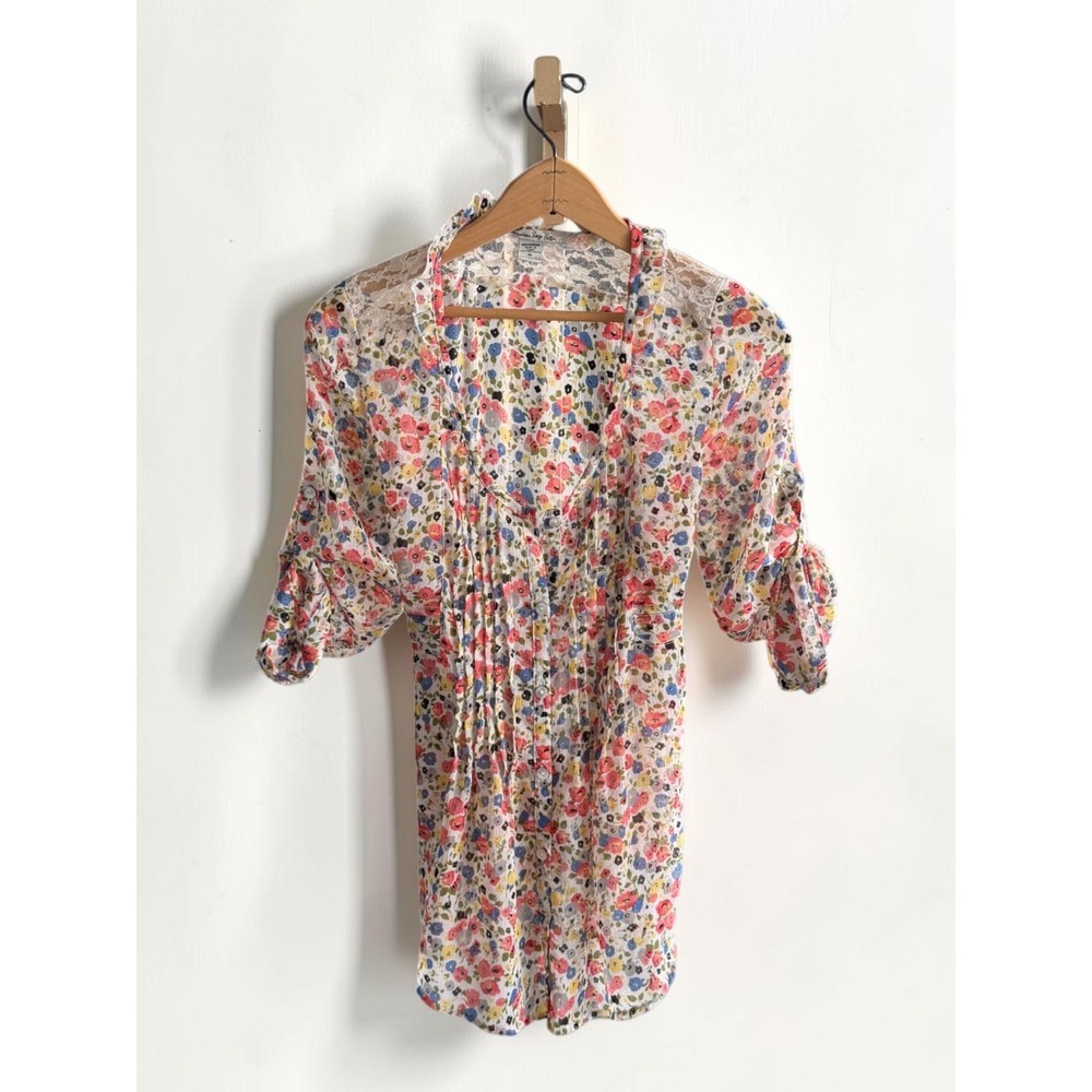 American Rag Floral Sheer Lace Yoke Blouse Pink Blue Yellow Small Tie Back Top